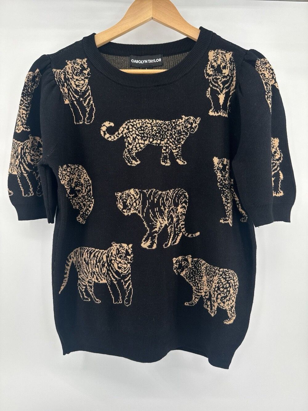 Carolyn Taylor Big Cat Club Knit Sweater Woman's Large Elbow Sleeve Crew Neck